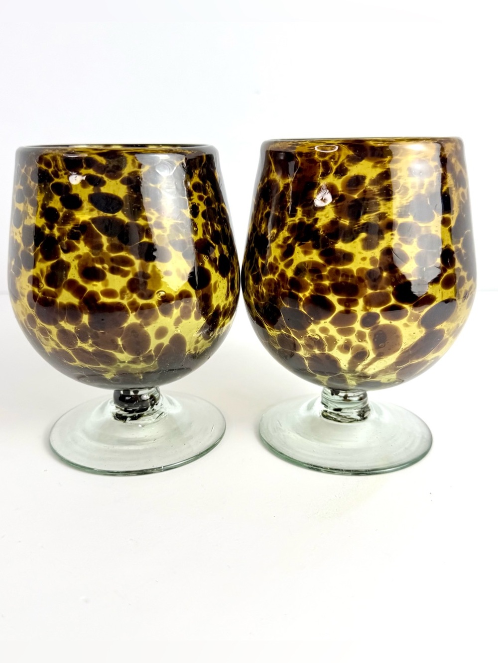 Set Tortoiseshell Wine Cordial Translucent Amber Brown Leopard Print Hand Blown